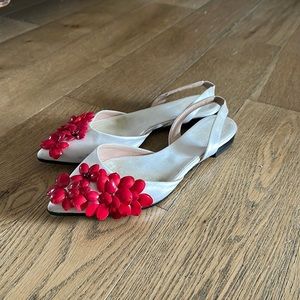 Giambattista Valli satin sling back flats with crystal appliqué red flowers 37
